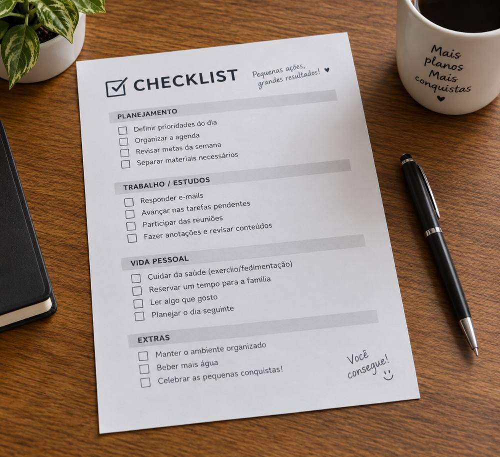 Checklist impresso sobre a mesa, com caneta ao lado